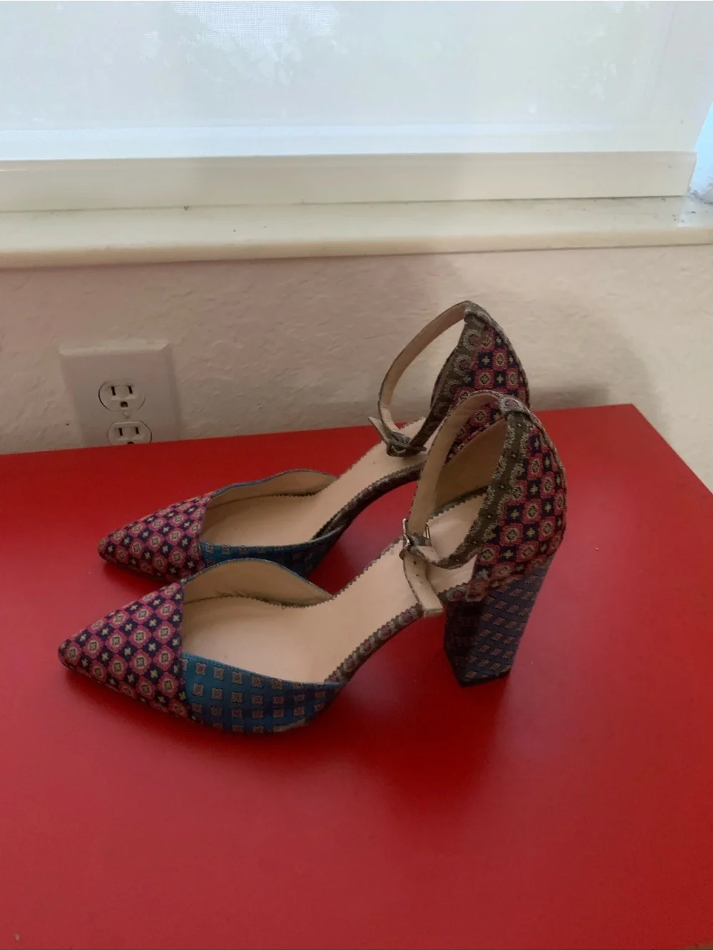 Two-Tone Patterned Ankle-Strap Espadrille Heels in Pink & Blue